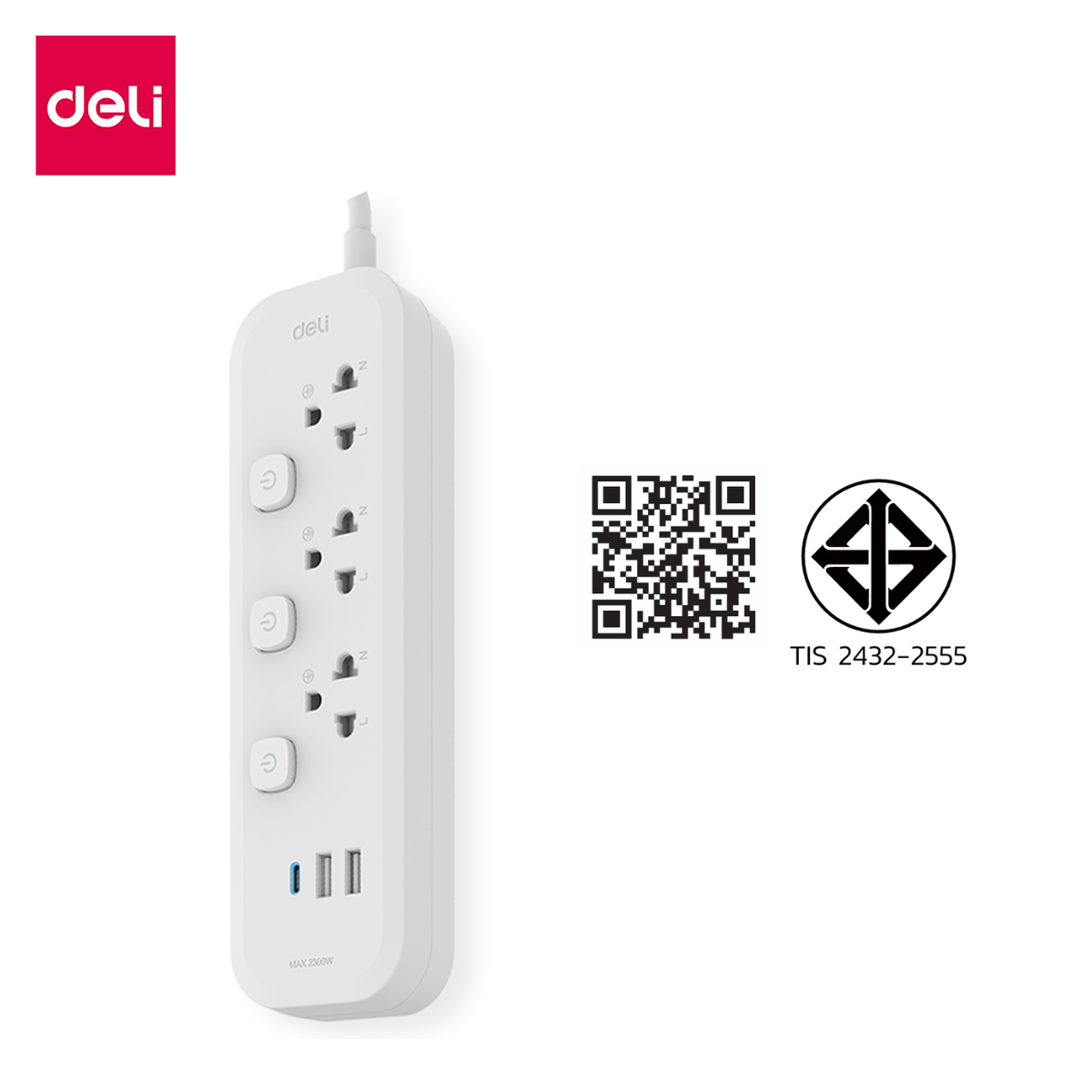 รางปลั๊กไฟ 3ช่อง 2USB 1TypeC Deli CT492-GR-01 ความยาวสาย 3 เมตร_0